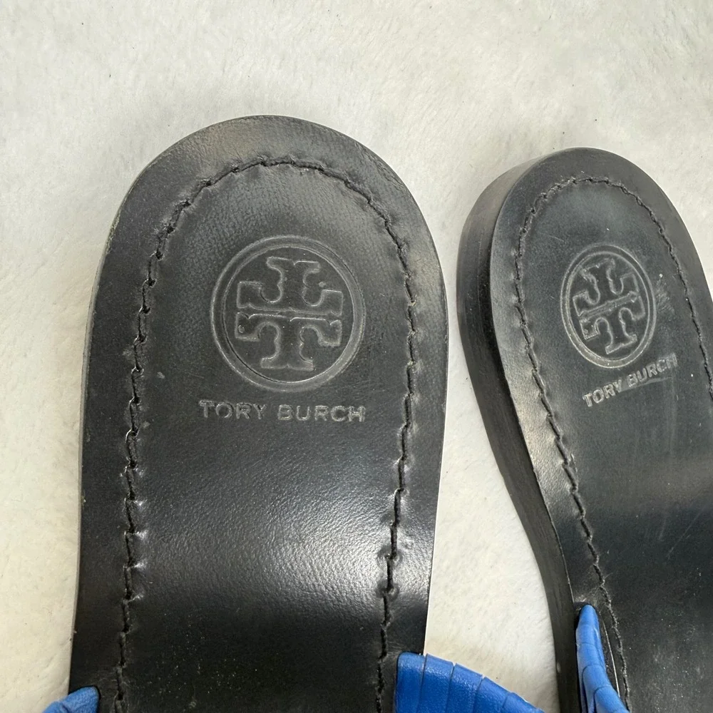 Tory Burch Blue Woven Leather‎ Toe Ring Slide Flat Sandals Womens 8.5 Estimated